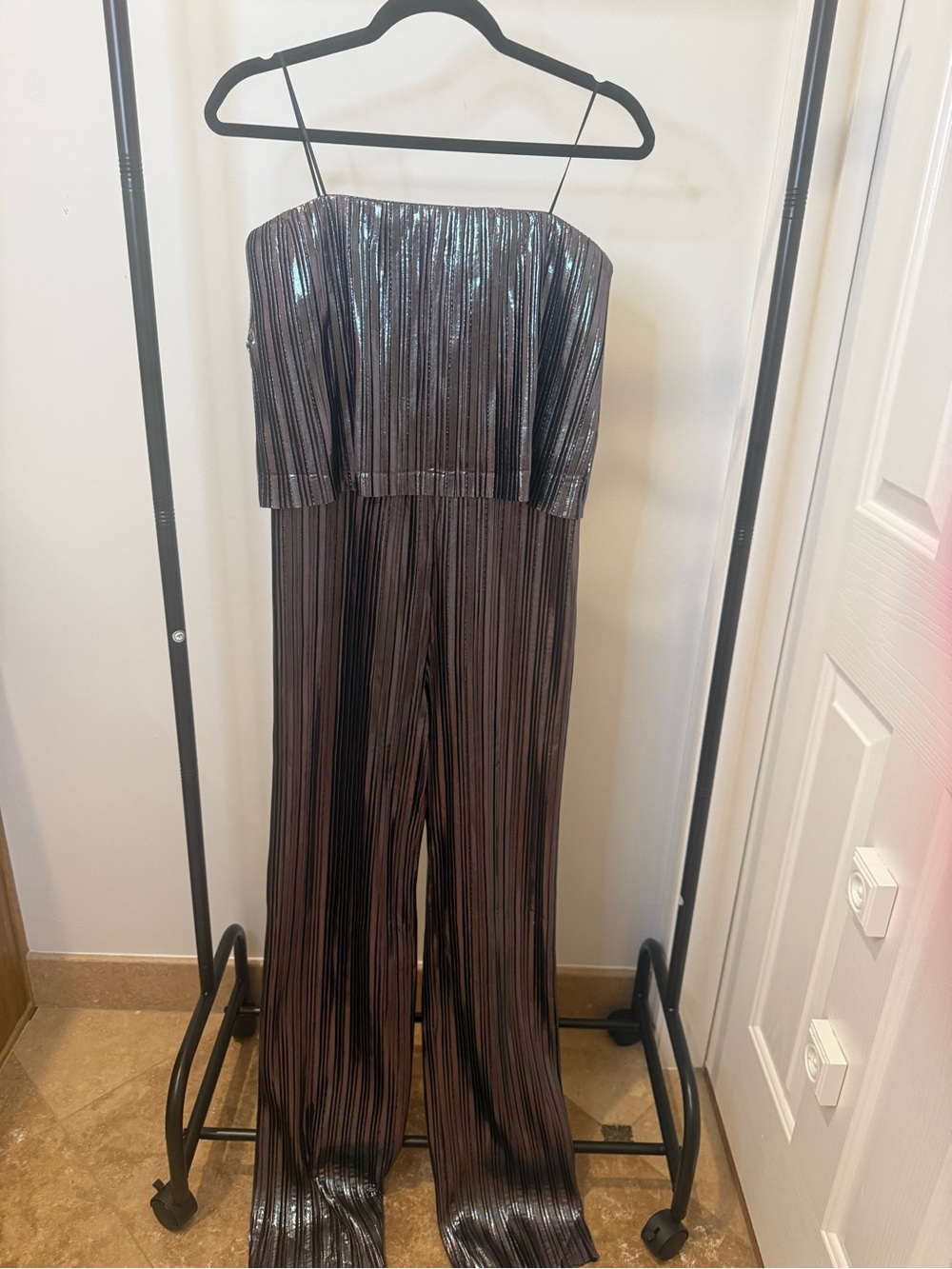Amanda Uprichard Collins Metallic Striped Strapless Jumpsuit in Gunmetal